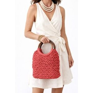 Sigrid Olsen Handcrafted Coral Crochet Tote Wooden Handles Resort Bag Lined NWT